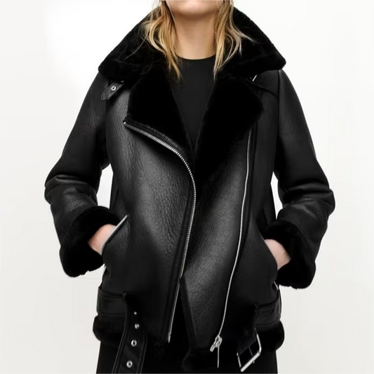 Motorcycle Personalized Trendy Grace Collared Baggy Coat Fall Winter Oblique Zipper Warm Leather Coat