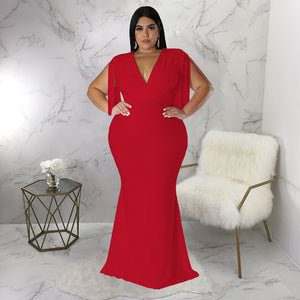 Plus Size Women Dress Sexy Tassel V neck Long Sleeve Slim Fit Maxi Dress