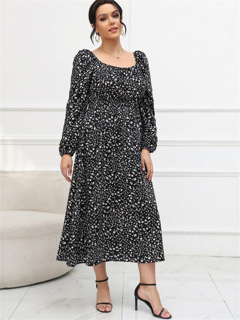 Plus Size Puff Sleeve Square Collar Long Sleeve Mid length Dress