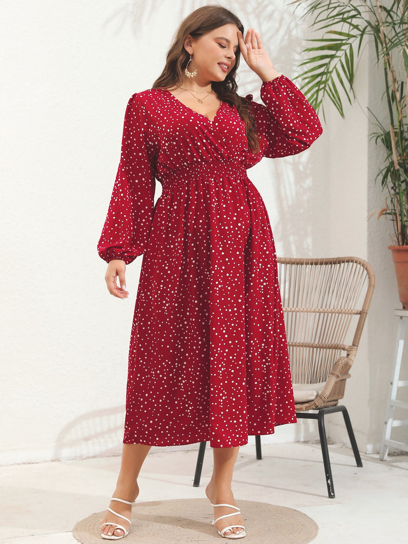 Plus Size Women V Neck Polled Long Sleeve Dress