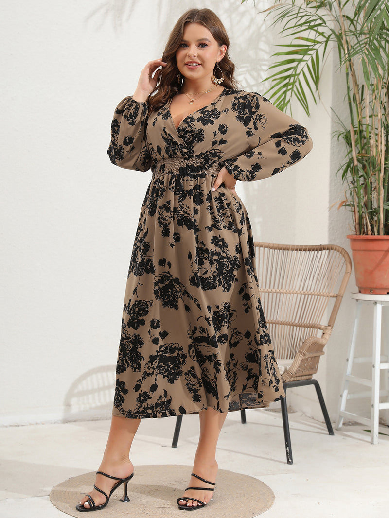 Plus Size Women V Neck Long Sleeve Dress