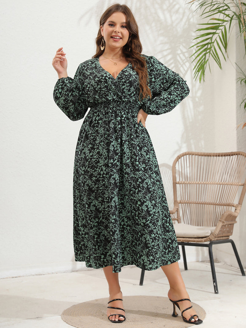 Plus Size Women V Neck Large Flower Print Long Sleeve Dress