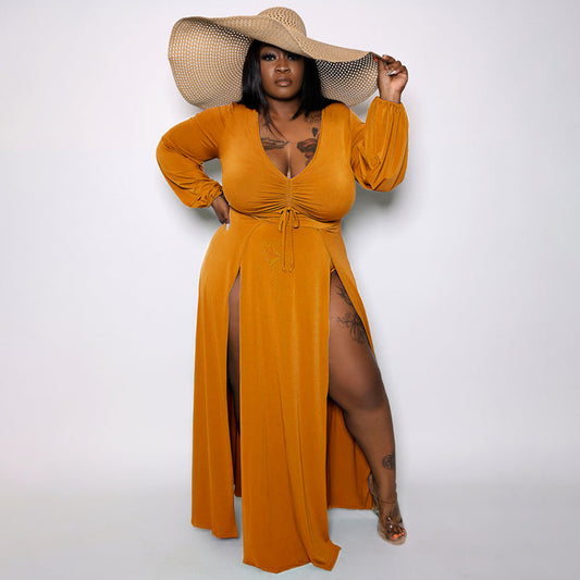 plus Size Spring Summer Sexy Deep V Plunge Neck Solid Color Long Sleeve Waist-Tight Women Clothes Casual Slit Dress