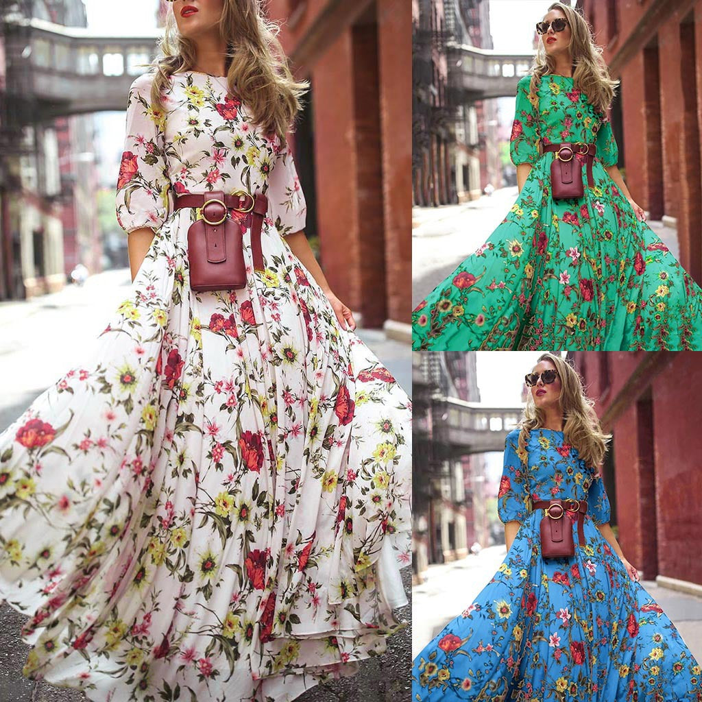 Spring Autumn Dress Printed Large Swing Elegant Chiffon Floral Slim Fitting Dress