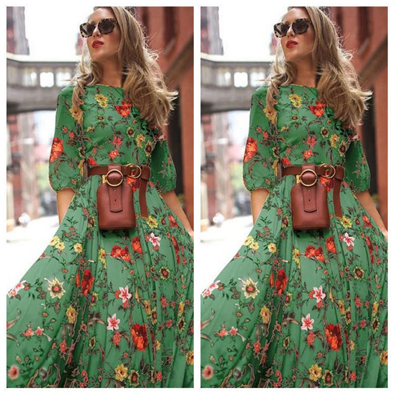 Spring Autumn Dress Printed Large Swing Elegant Chiffon Floral Slim Fitting Dress