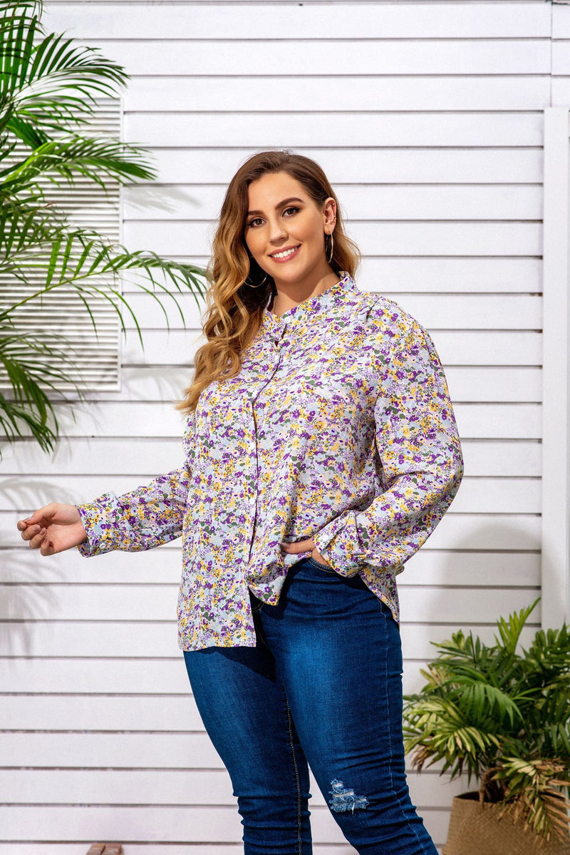 Plus Size Spring Women Clothing Floral Long-Sleeved Shirt