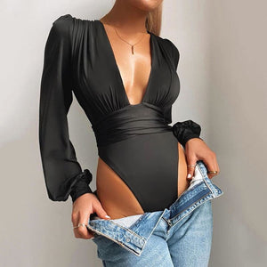 The Trend Of The All-matching The Top Women Women Clothing Sexy Long Sleeves Deep V Plunge Plunge Fitted Waist Pleated Elegant Onesies