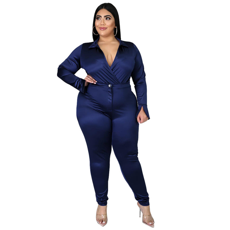 Plus Size Plus Size Polo Collar Solid Color Women Slim Fit Sexy Casual Suit