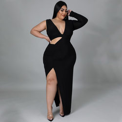 Plus Size Women Clothing Spring Solid Color Single Sleeve Sexy Hollow Out Cutout Maxi Dress