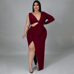 Plus Size Women Clothing Spring Solid Color Single Sleeve Sexy Hollow Out Cutout Maxi Dress