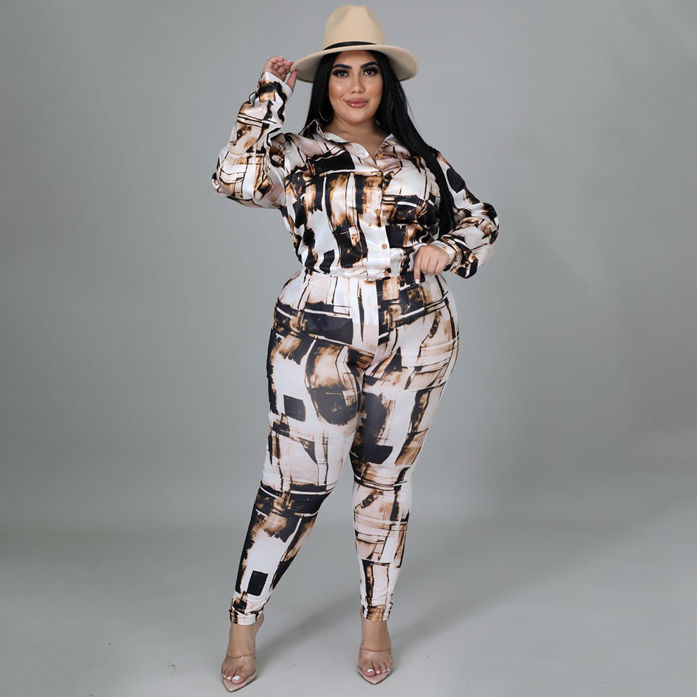 Plus Size Glossy Shirt Long Sleeve Digital Printed Pants Suit Two-Piece Set