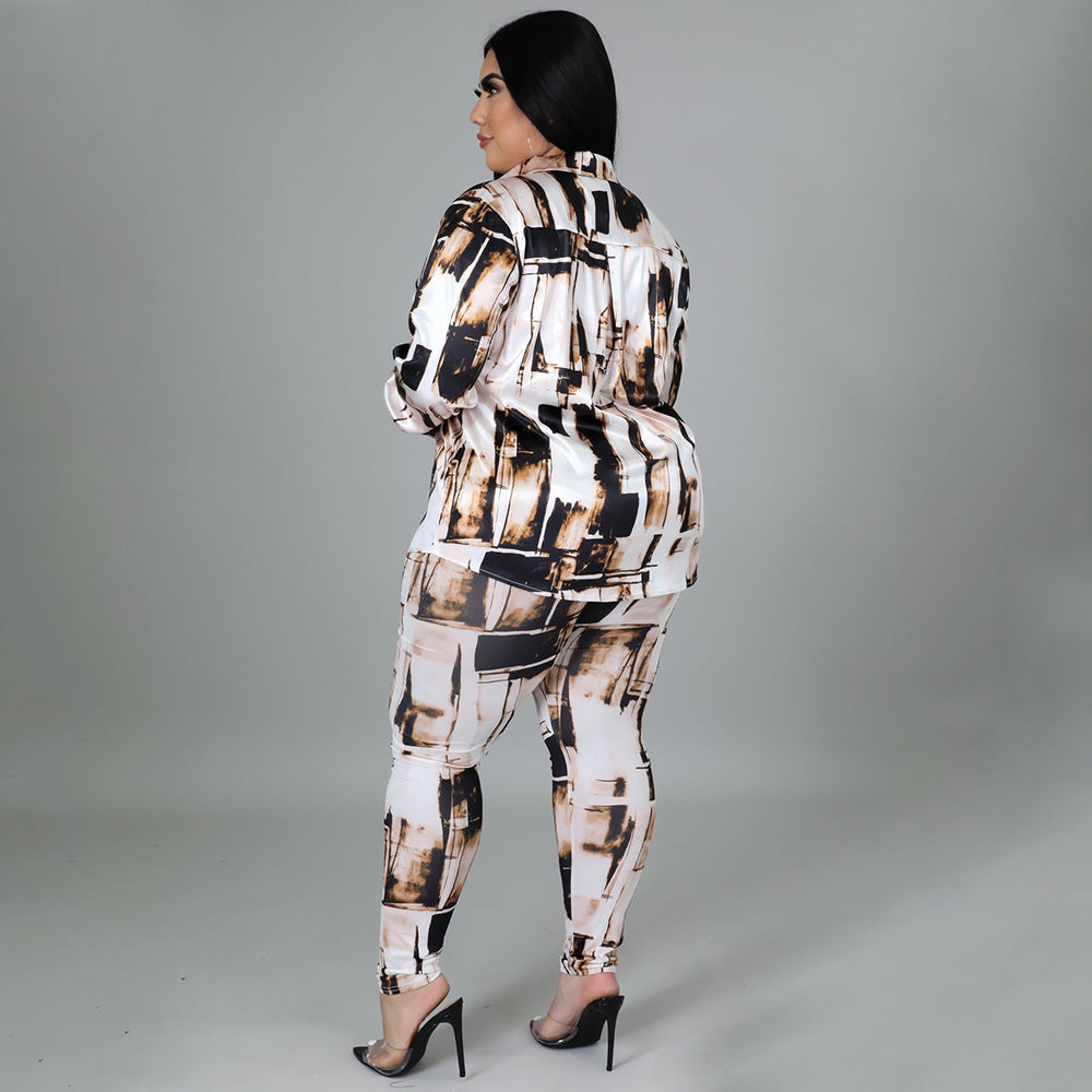 Plus Size Glossy Shirt Long Sleeve Digital Printed Pants Suit Two-Piece Set