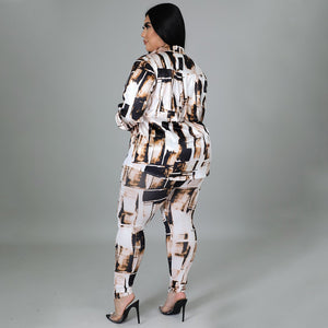 Plus Size Glossy Shirt Long Sleeve Digital Printed Pants Suit Two-Piece Set