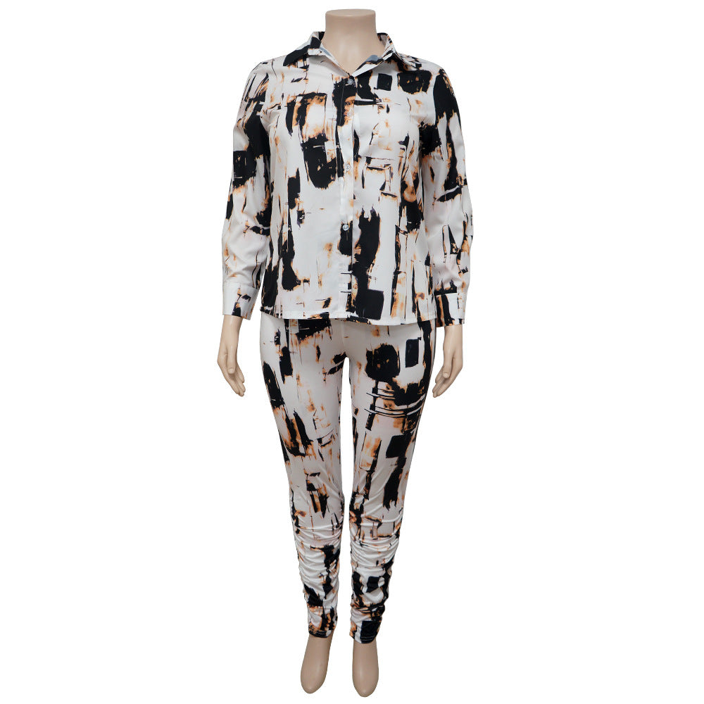 Plus Size Glossy Shirt Long Sleeve Digital Printed Pants Suit Two-Piece Set