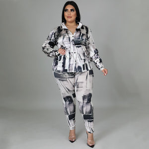 Plus Size Glossy Shirt Long Sleeve Digital Printed Pants Suit Two-Piece Set