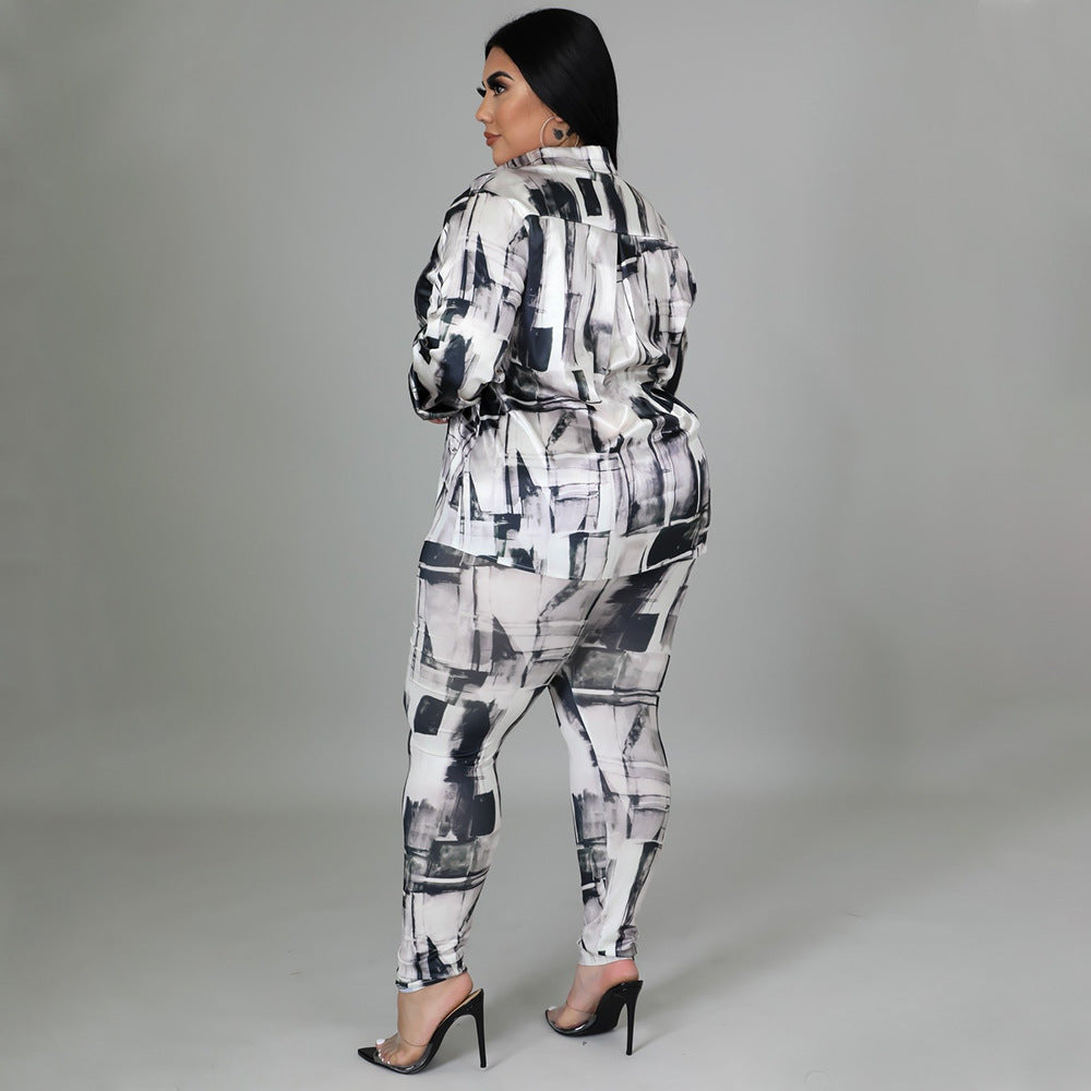 Plus Size Glossy Shirt Long Sleeve Digital Printed Pants Suit Two-Piece Set