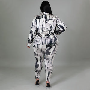 Plus Size Glossy Shirt Long Sleeve Digital Printed Pants Suit Two-Piece Set