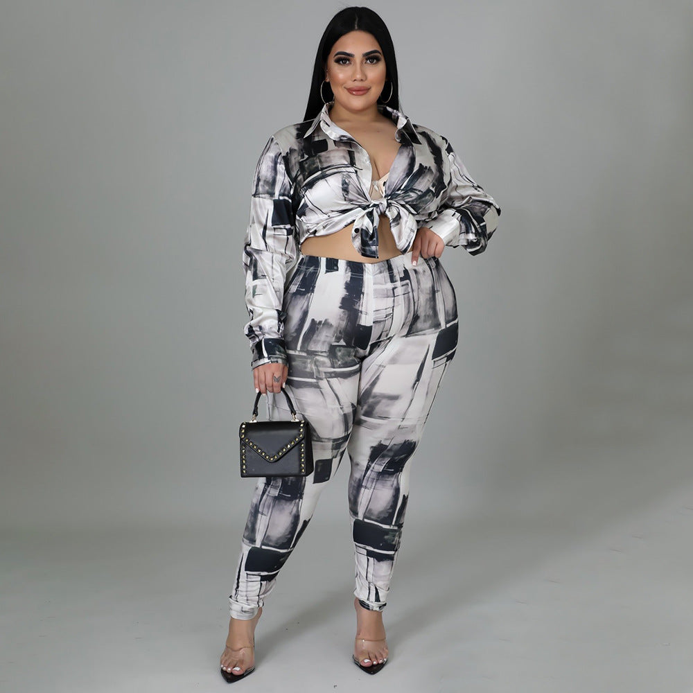 Plus Size Glossy Shirt Long Sleeve Digital Printed Pants Suit Two-Piece Set