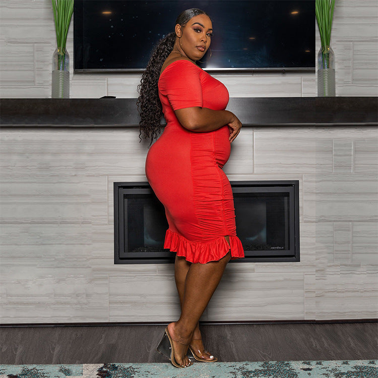 Plus Size Sexy Solid Color Stringy Selvedge Drawstring Dress Adjustable Length