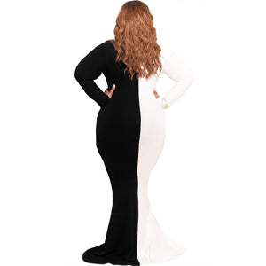 Plus Size Plus Size Color Contrast Patchwork V-neck Slim-Fit Long Sleeve Women Maxi Dress