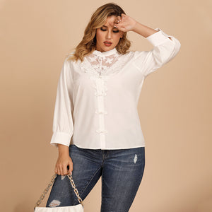 Plus Size Women Stand Collar Solid Color Loose Shirt Lace Stitching Office Long Sleeve Shirt