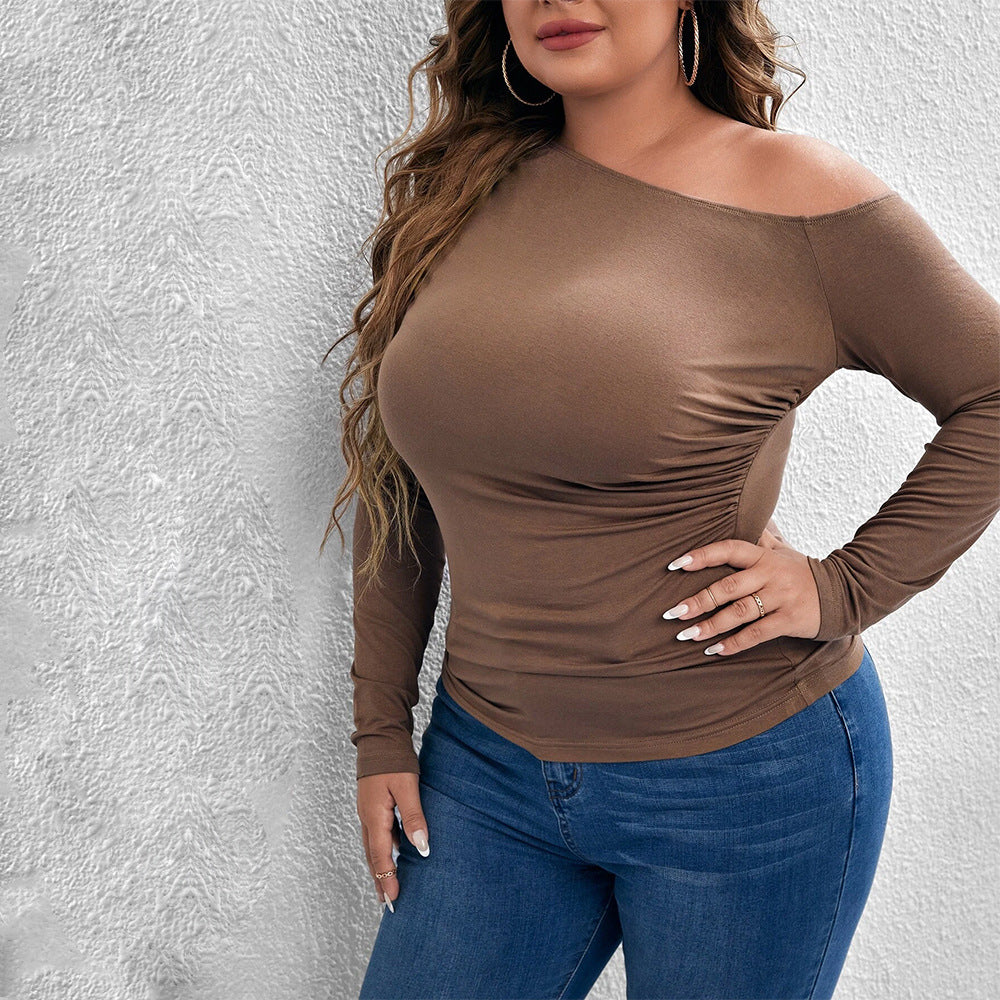 plus Size Women Clothes Slim Fit Slim Sexy off the Shoulder Diagonal Collar Knitted Long Sleeved T shirt Top