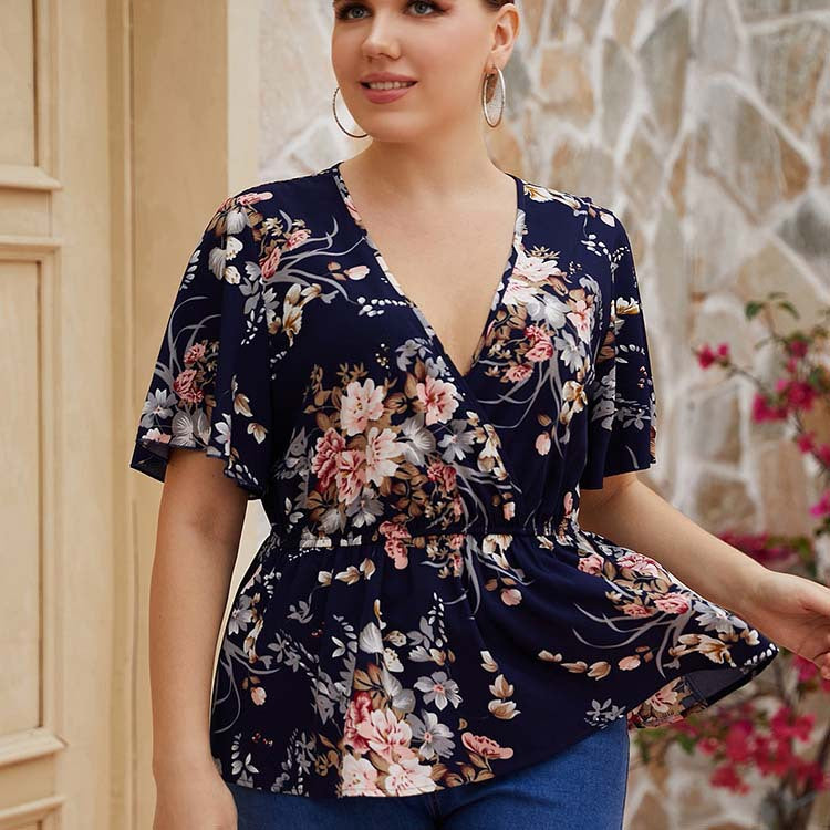 Plus Size Women Clothing Deep V Plunge Sexy Casual Top Women Clothing Top Printed Women