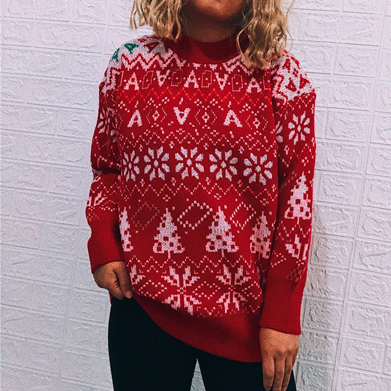 Autumn Winter Women Clothing Retro Snowflake Christmas Theme Sweater round Neck Pullover