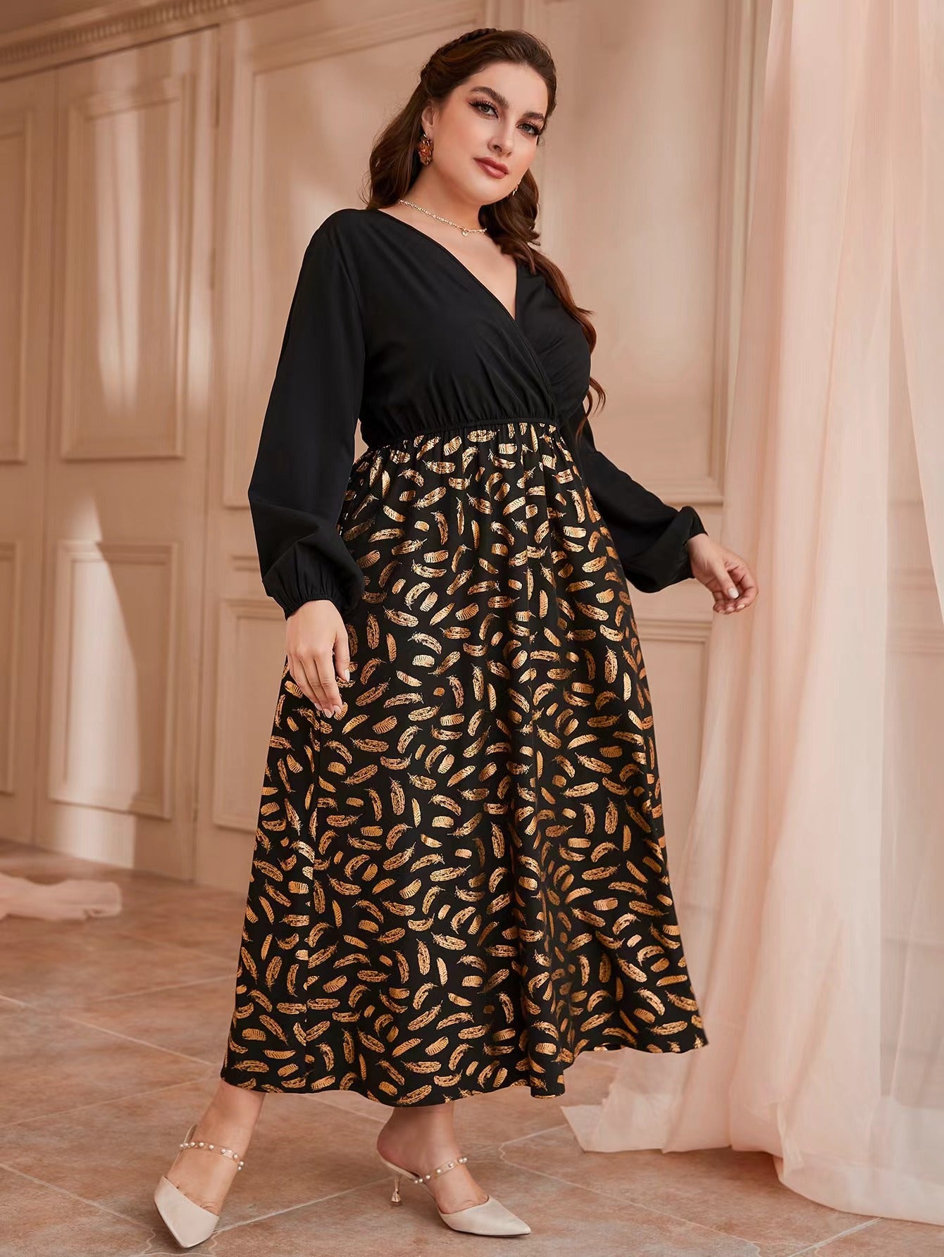 Plus Size High Waist Office Maxi Dress Pullover Bronzing Printed Sexy V Neck Dress Women