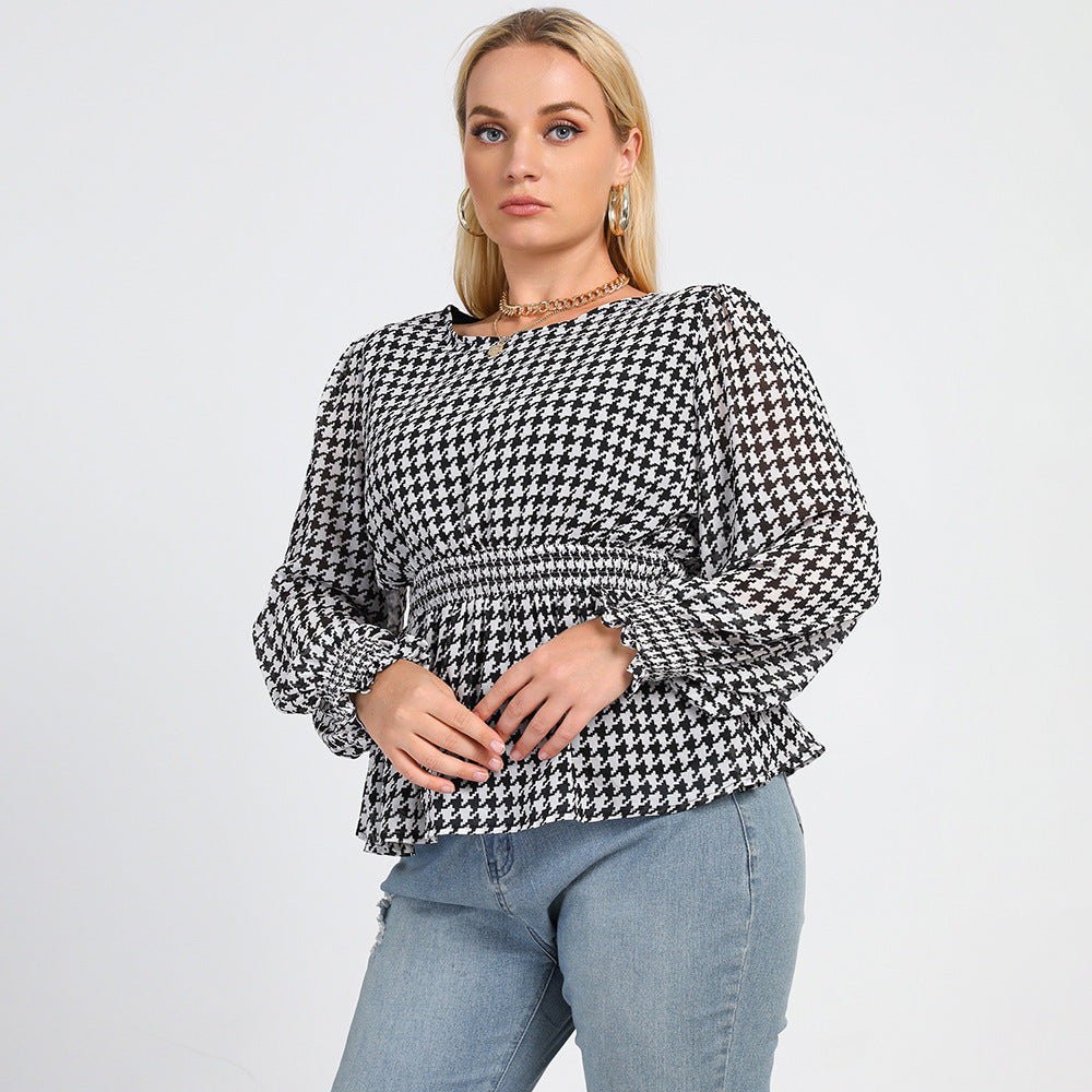 Plus Size New Black White Plaid Printed round Neck Waist Fashion Office Shirt