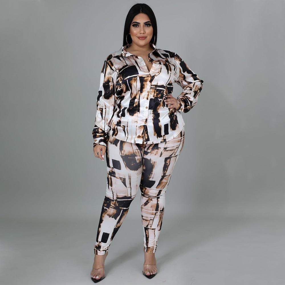 Plus Size Glossy Shirt Long Sleeve Digital Printed Pants Suit Two-Piece Set