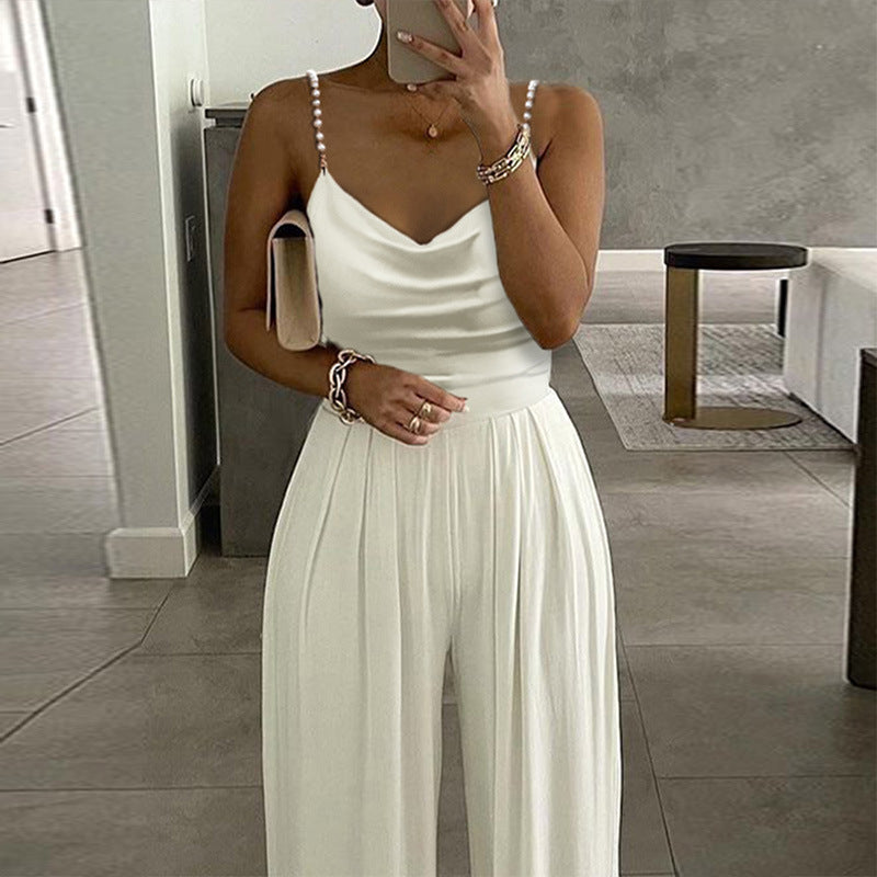 Pearl Suspender Wide Leg Sleeveless V-neck Backless Trousers Jumpsuit