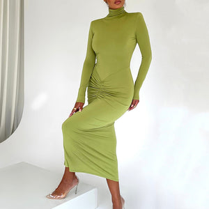 Autumn Winter Half High Collar Long Sleeves Dress Sexy Elegant Bodycon Maxi Dress for Women