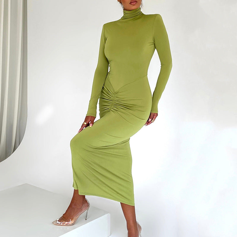 Autumn Winter Half High Collar Long Sleeves Dress Sexy Elegant Bodycon Maxi Dress for Women