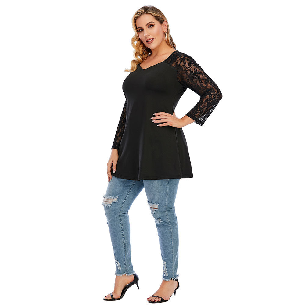 Plus Size Spring Ladies Oversized Knit Lace Stitching Long Sleeve V Neck Backless Casual T Shirt