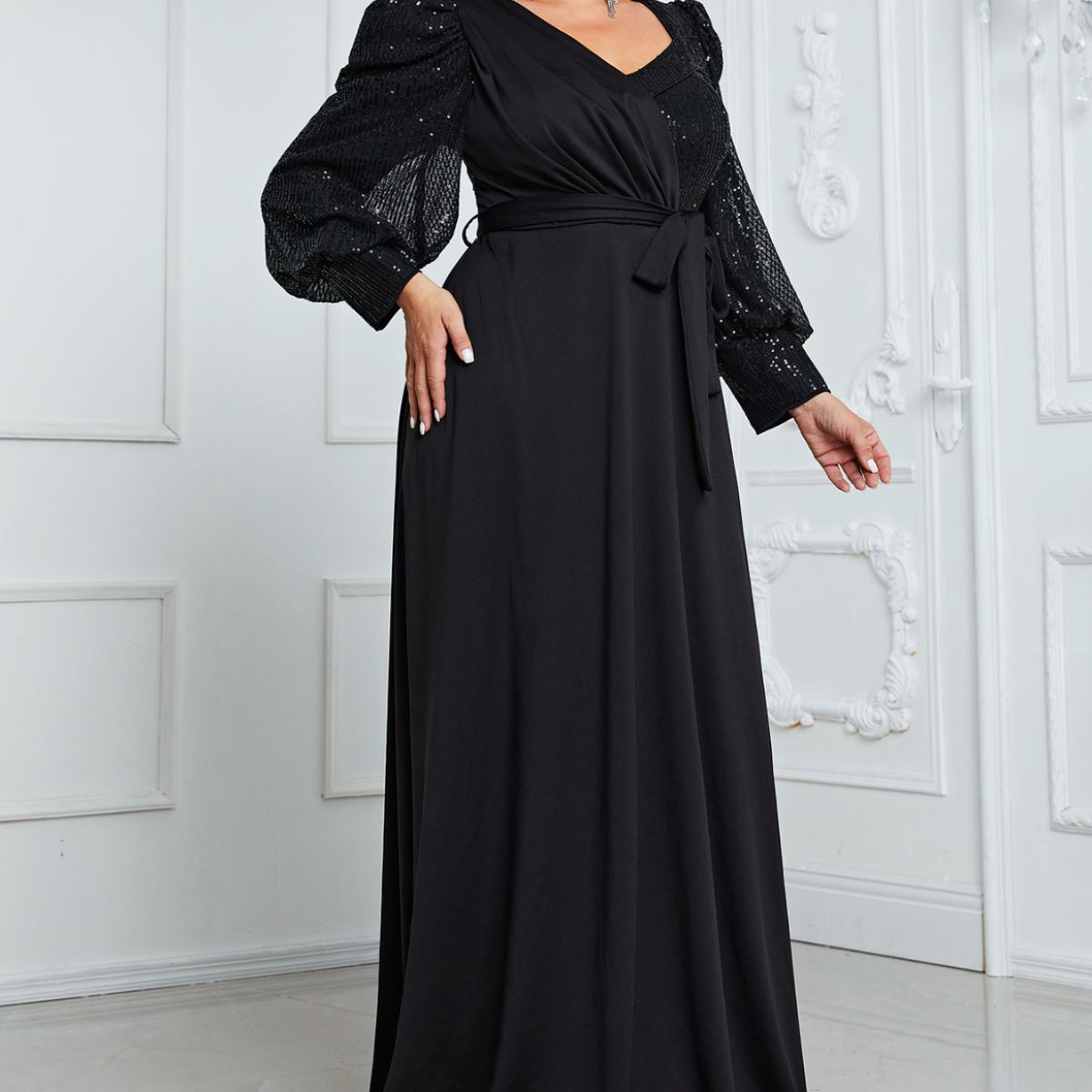 Plus Size Dinner Formal Dress Knickerbockers Long Sleeve Party Dress Elegant Sequined Maxi Dress