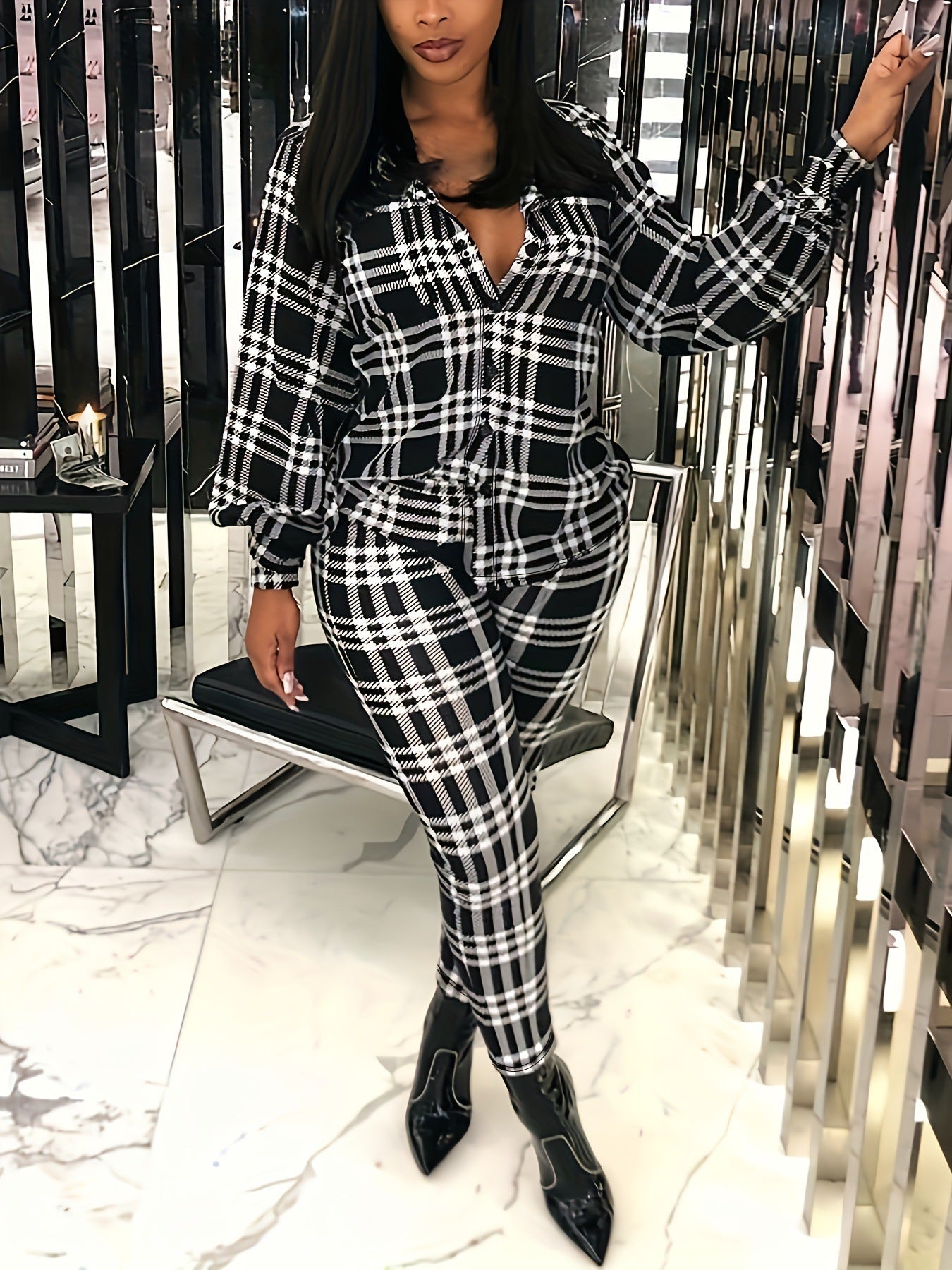 Plus Size Striped Button Two Piece Set