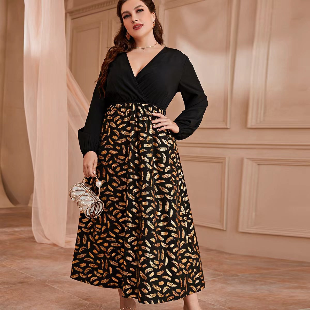 Plus Size High Waist Office Maxi Dress Pullover Bronzing Printed Sexy V Neck Dress Women