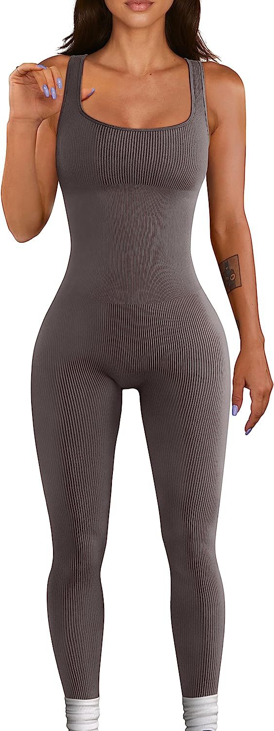 Summer Sexy Women Yoga Jumpsuit Ribbed Square Collar Sleeveless Sports Jumpsuit Trousers