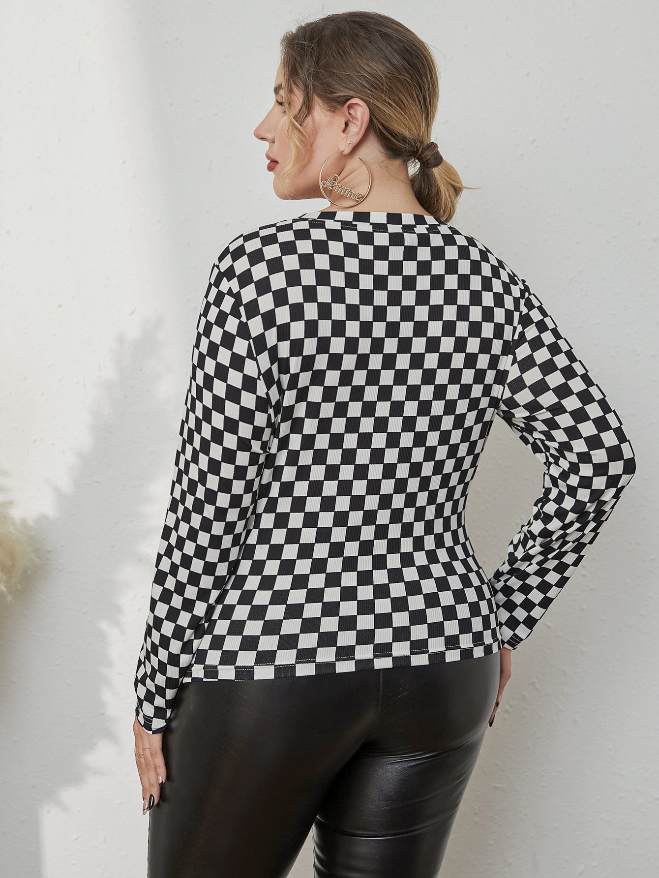 Plus Size round Neck Women Top Tight Checkerboard Middle East Women Top