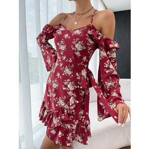 Spring Autumn Printed off Shoulder Dress