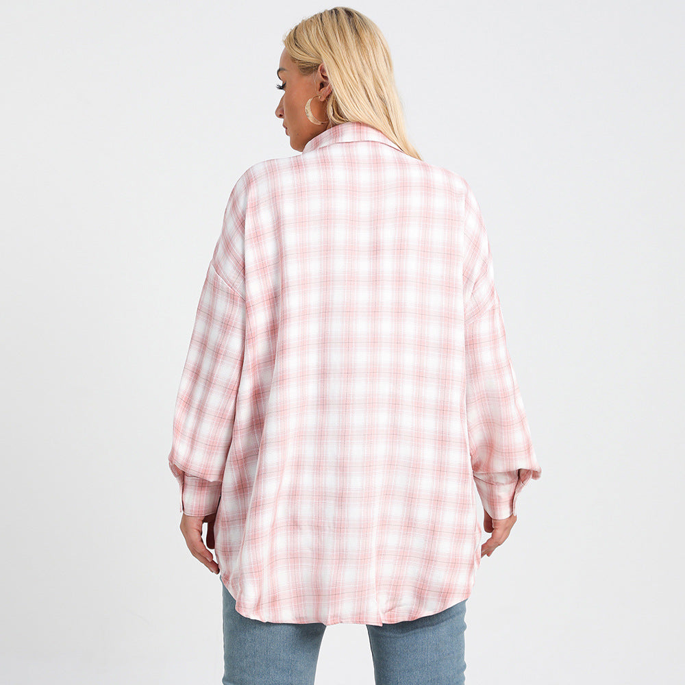 Plus Size Autumn New Polo Collar Long Sleeve Plaid Loose Oversized Shirt Women Clothing