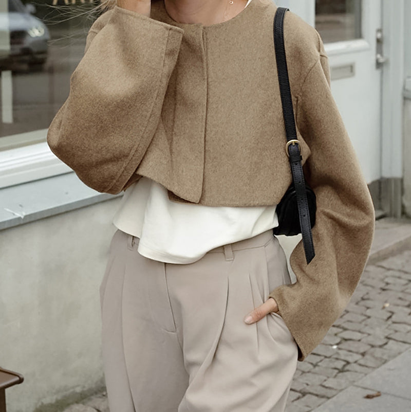 Brown Lazy Special Interest Design Maillard Woolen Coat Autumn Winter Women Short Top