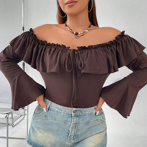 Plus Size Women Clothes Autumn Winter Ruffled Bell Sleeve Slim Elegant Boat Neck Top