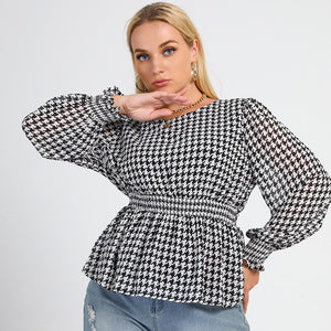 Plus Size New Black White Plaid Printed round Neck Waist Fashion Office Shirt