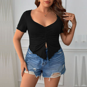 Plus Size Women Clothes Sexy V neck Slim Fit Square Collar Short Sleeved T shirt Short Irregular Asymmetric Top