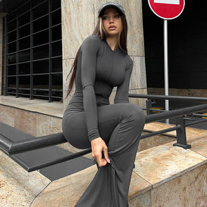 Women Autumn Winter Long Sleeve Flared Pants Slim Sexy Jumpsuit