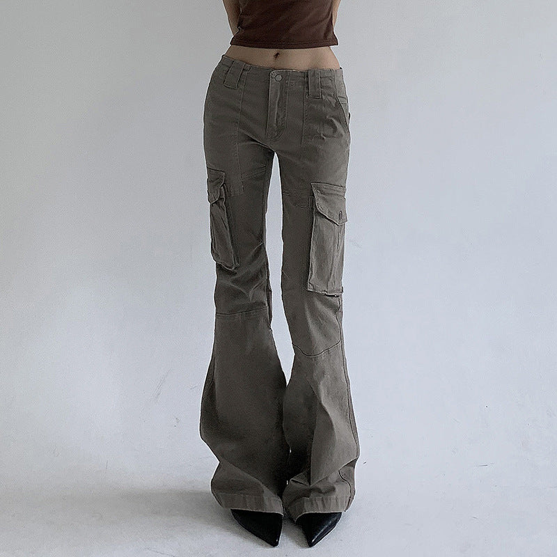 Autumn Winter Fashionable Street Low Waist Bootcut Trousers Lines Split Pocket Patchwork Cargo Pants Trousers