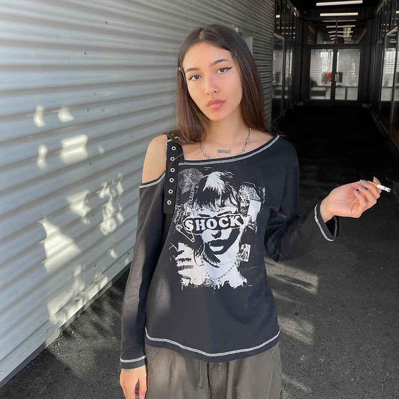 Vintage Printed Top Belt Buckle Shoulder Strap Single Side 3/4 Sleeve Women Clothing