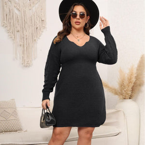 Plus Size Wome Clothes Autumn Winter V neck Woven Woolen Cinched Underdress Dress Women